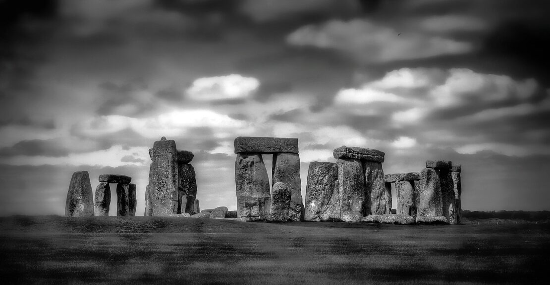 black and white image of stone henge