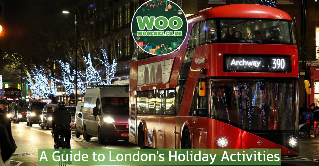 red london bus riding along a street with christmas lights at night