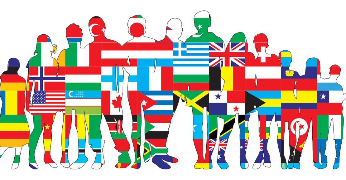 Graphic containing an outline of people with various flags