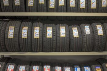 A selection of car tyres in a tyre shop