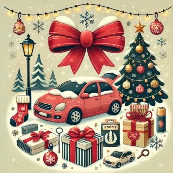 christmas themed graphic with presents and a red car.