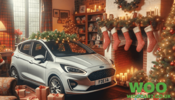Silver ford fiesta car in a christmas decorated room