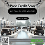 graphic of cars in a showroom and signage reading poor credit score?