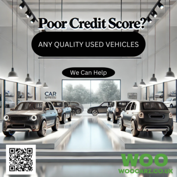 graphic of cars in a showroom and signage reading poor credit score?